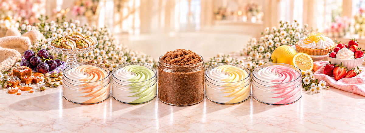 Pastel-swirled whipped body butters and chocolate vanilla sugar scrub displayed with desserts and fruit in a bright bakery setting.