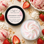 Creamy strawberry-scented whipped body butter in a jar, showcasing smooth, fluffy texture and fresh strawberry accents.