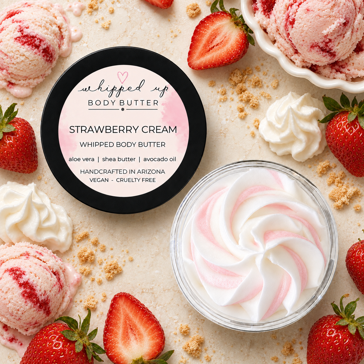 Creamy strawberry-scented whipped body butter in a jar, showcasing smooth, fluffy texture and fresh strawberry accents.
