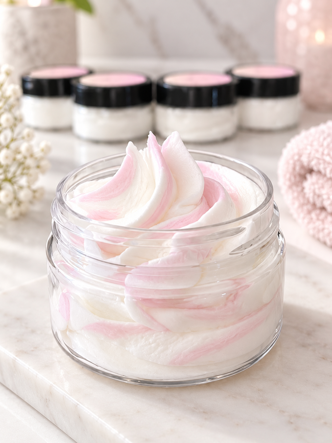 Four 1 oz mini jars of whipped body butter from My Store's best sellers sampler set, showcasing creamy, hydrating skincare products.