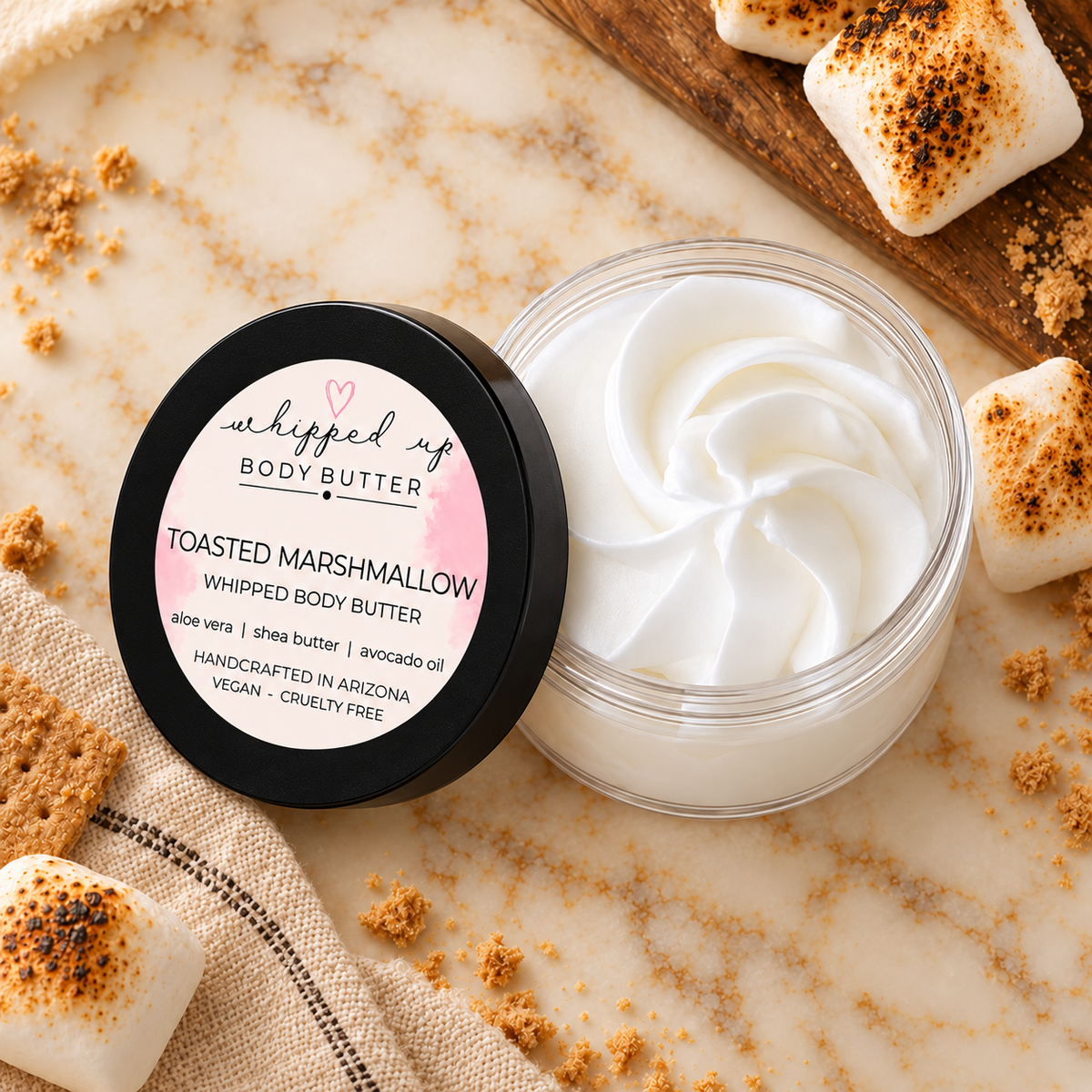 Whipped Toasted Marshmallow Body Butter by My Store, creamy and smooth moisturizing body butter with marshmallow scent.