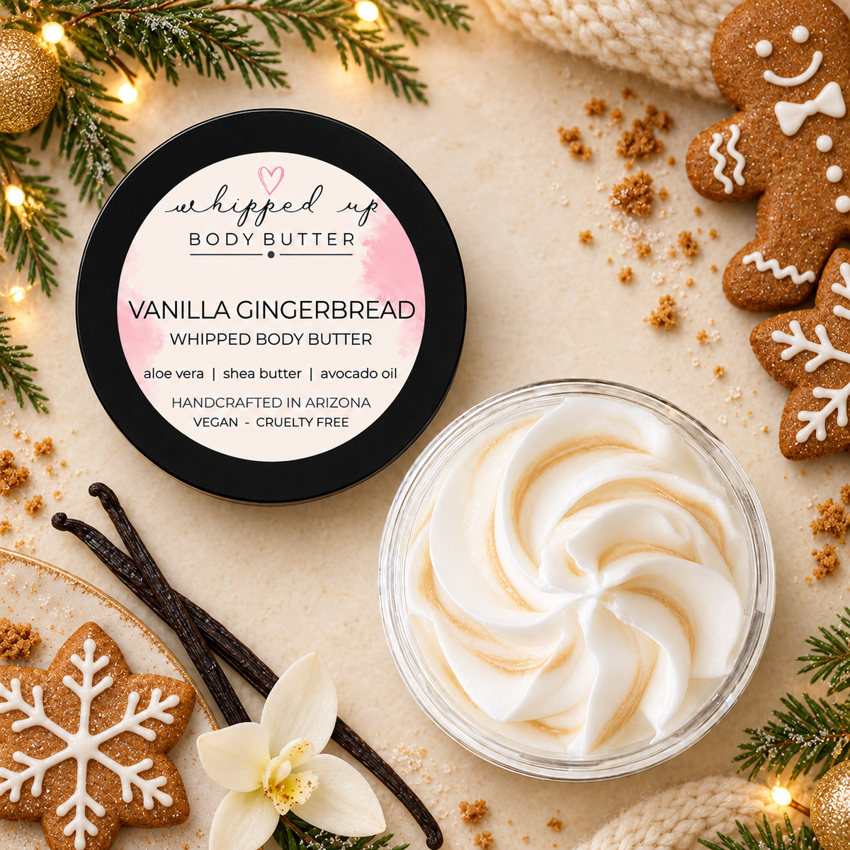 Whipped vanilla gingerbread body butter in a jar, showcasing creamy texture and warm, festive scent from My Store.