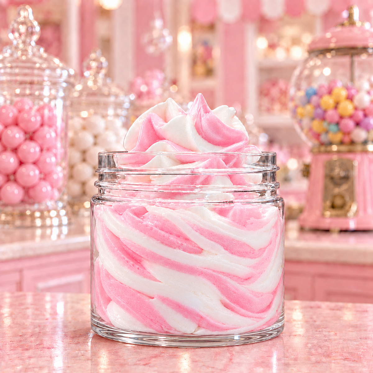 Pink whipped Bubblegum Body Butter jar from My Store, creamy and smooth in a candy shop-themed container.