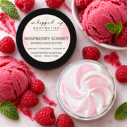 Creamy raspberry sorbet whipped body butter from My Store, showcasing smooth, fluffy texture in a jar.