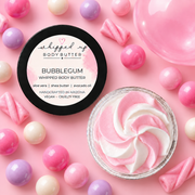 Whipped bubblegum body butter by My Store showing a creamy, pink-scented moisturizer in a jar with a smooth texture.