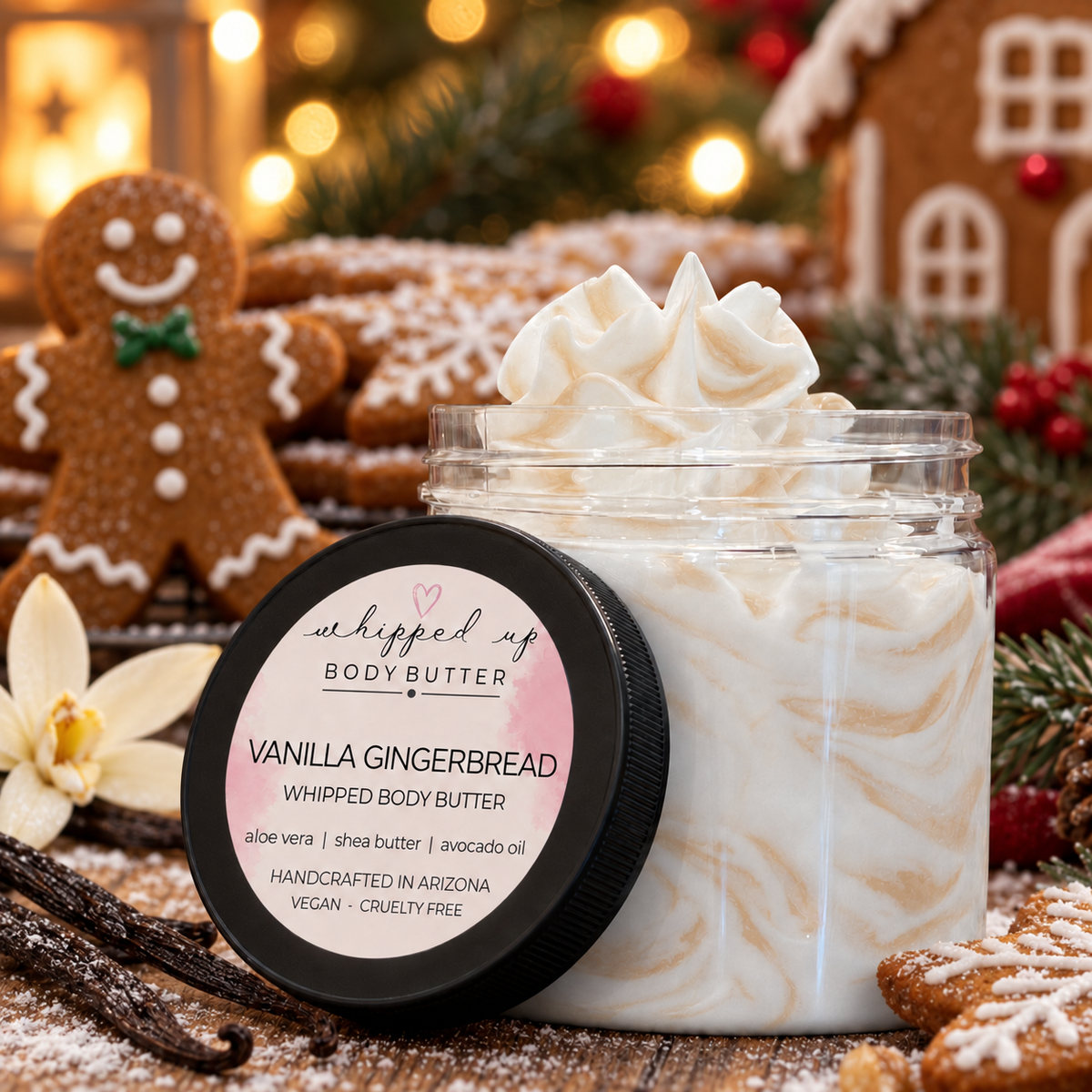 Creamy vanilla gingerbread whipped body butter in a jar, showing smooth texture and warm, spicy scent.