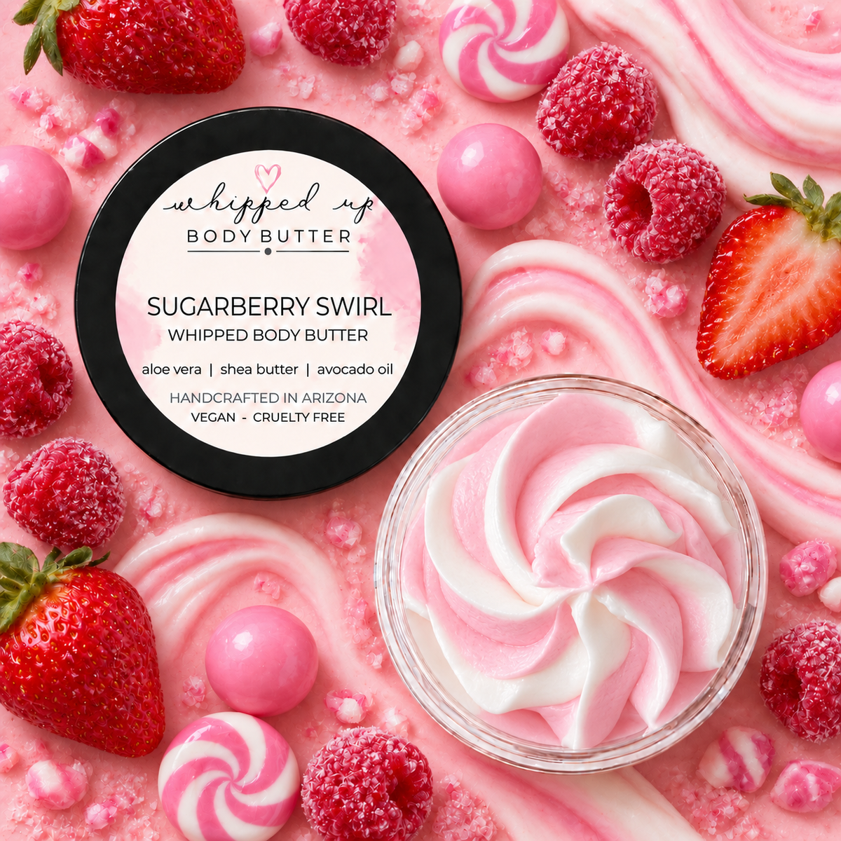 Whipped Sugar Berry Swirl Body Butter by My Store showing a smooth, creamy texture in a jar with berry and sugar swirl design.