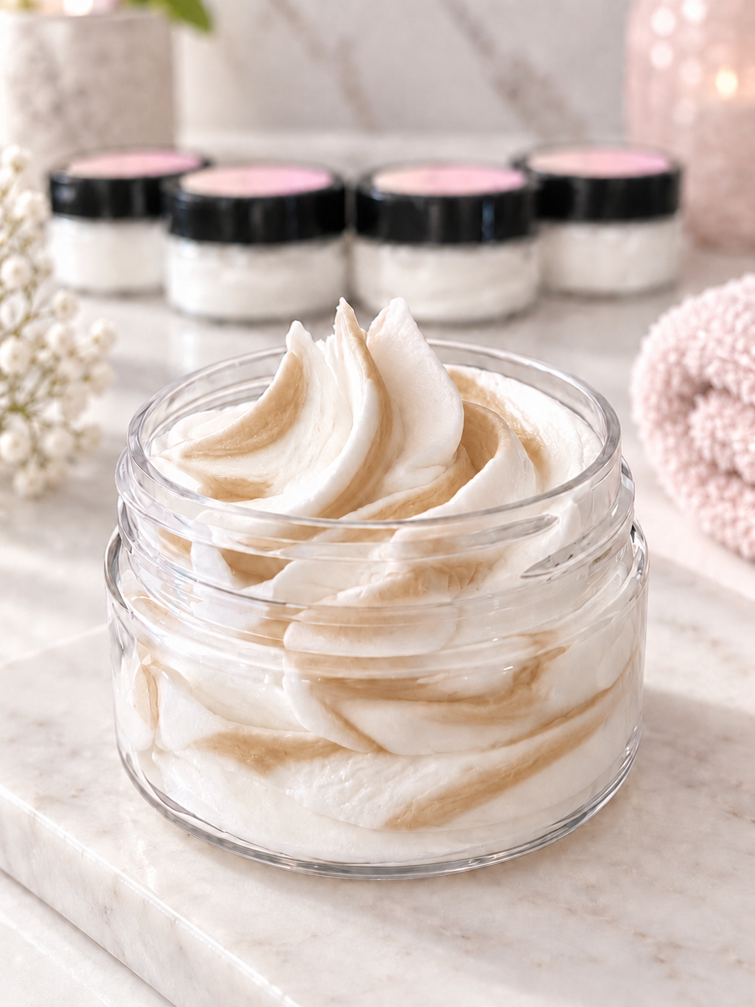 Four 1 oz mini jars of whipped caramel-scented body butter in the My Store seasonal sampler set.
