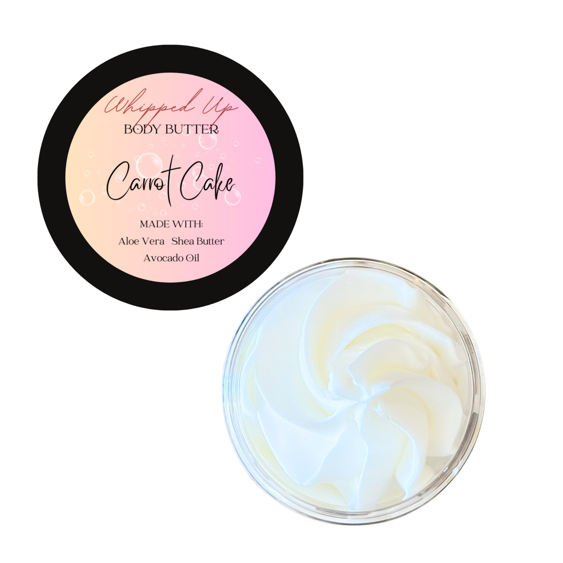 Body butter container labeled 'Carrot Cake' with a pink label on a white background