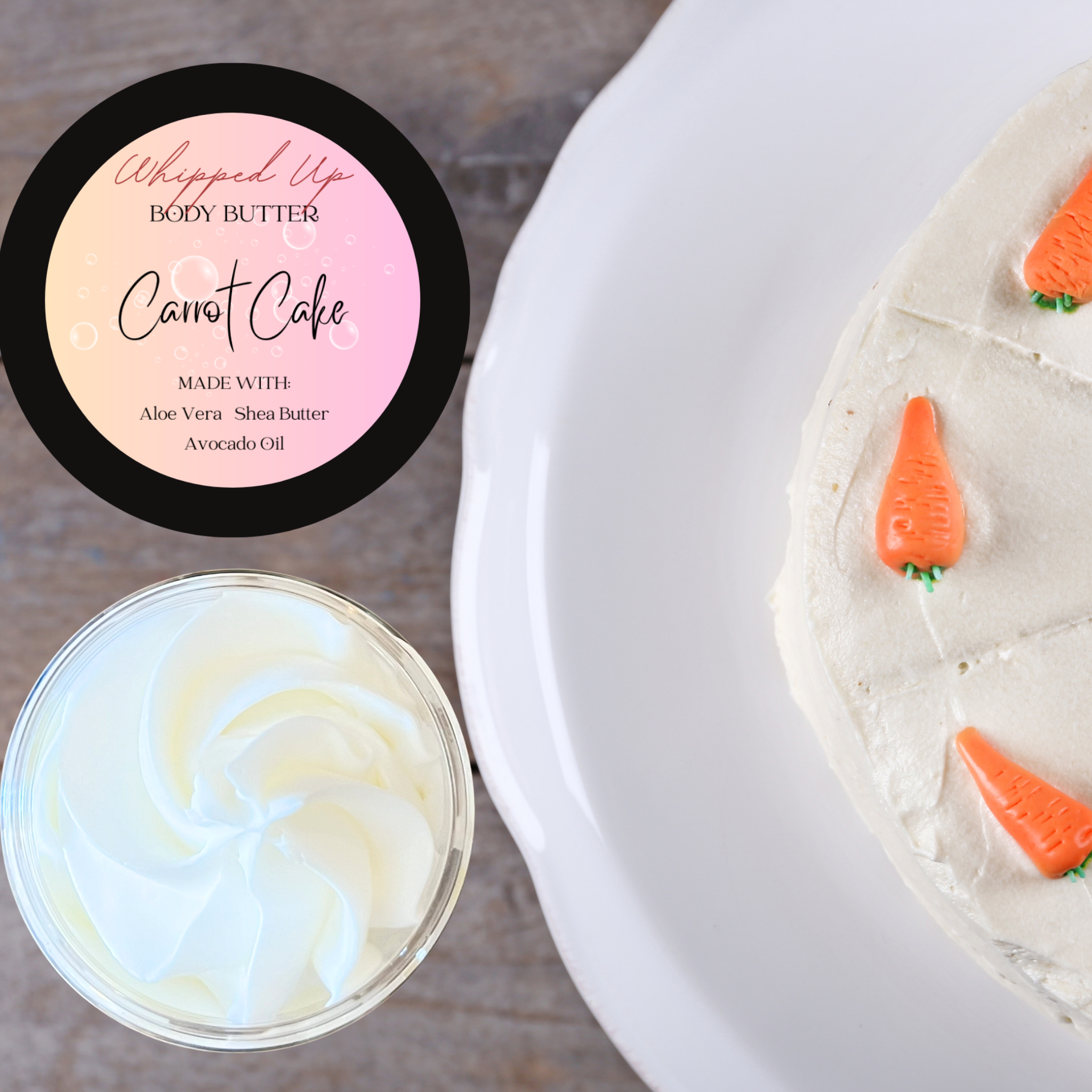 Body butter container labeled 'Carrot Cake' with a cake decorated with carrot-shaped candies.