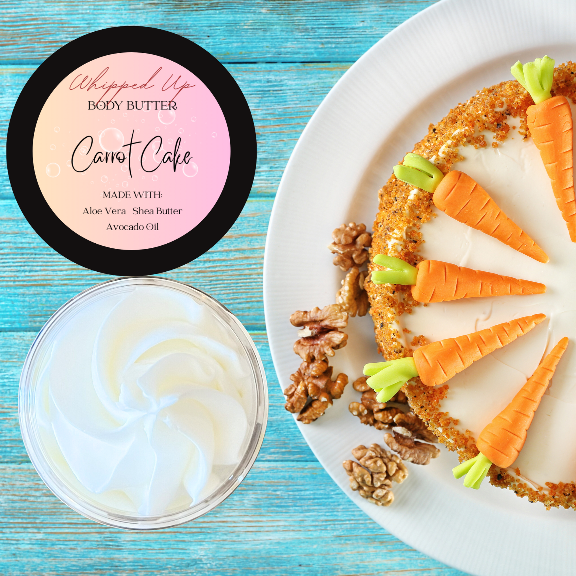 Carrot cake-themed body butter with carrot decorations on a blue wooden surface