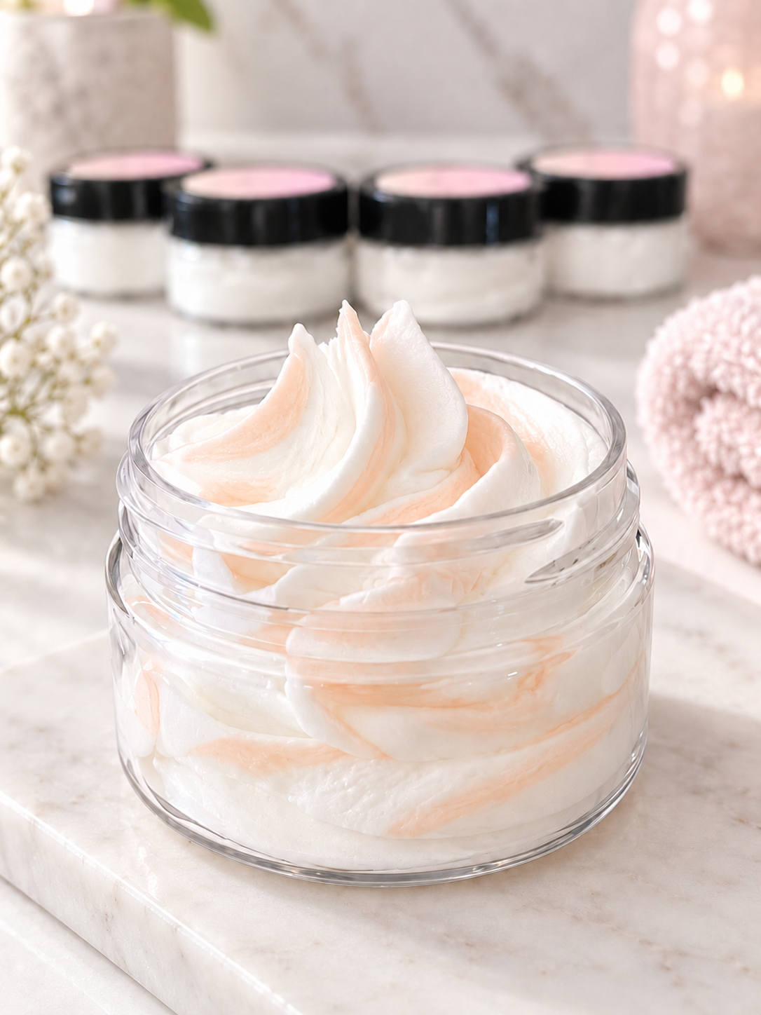 Four 1 oz mini jars of whipped body butter in seasonal scents, shown with orange and festive packaging.