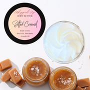 Salted caramel body butter with a jar of caramel and pieces of caramels on a white background