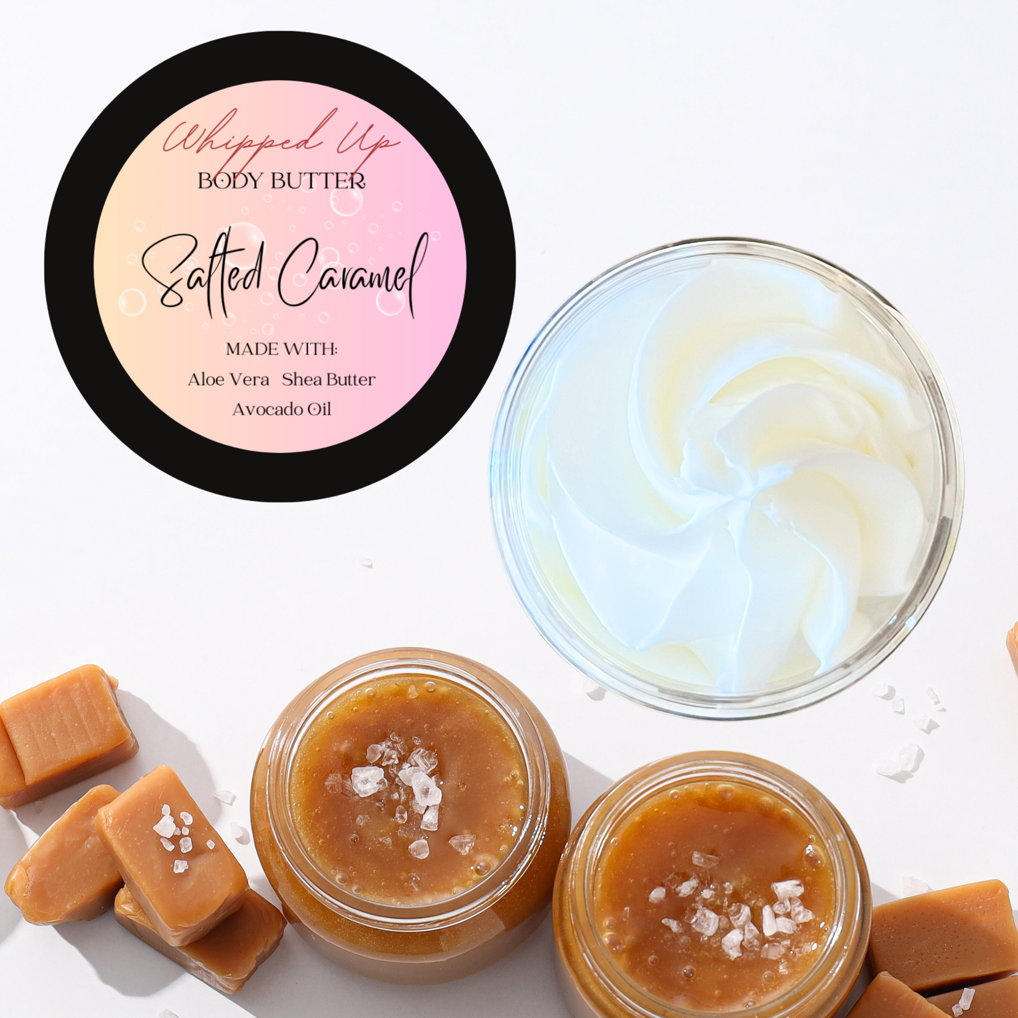 Salted caramel body butter with a jar of caramel and pieces of caramels on a white background
