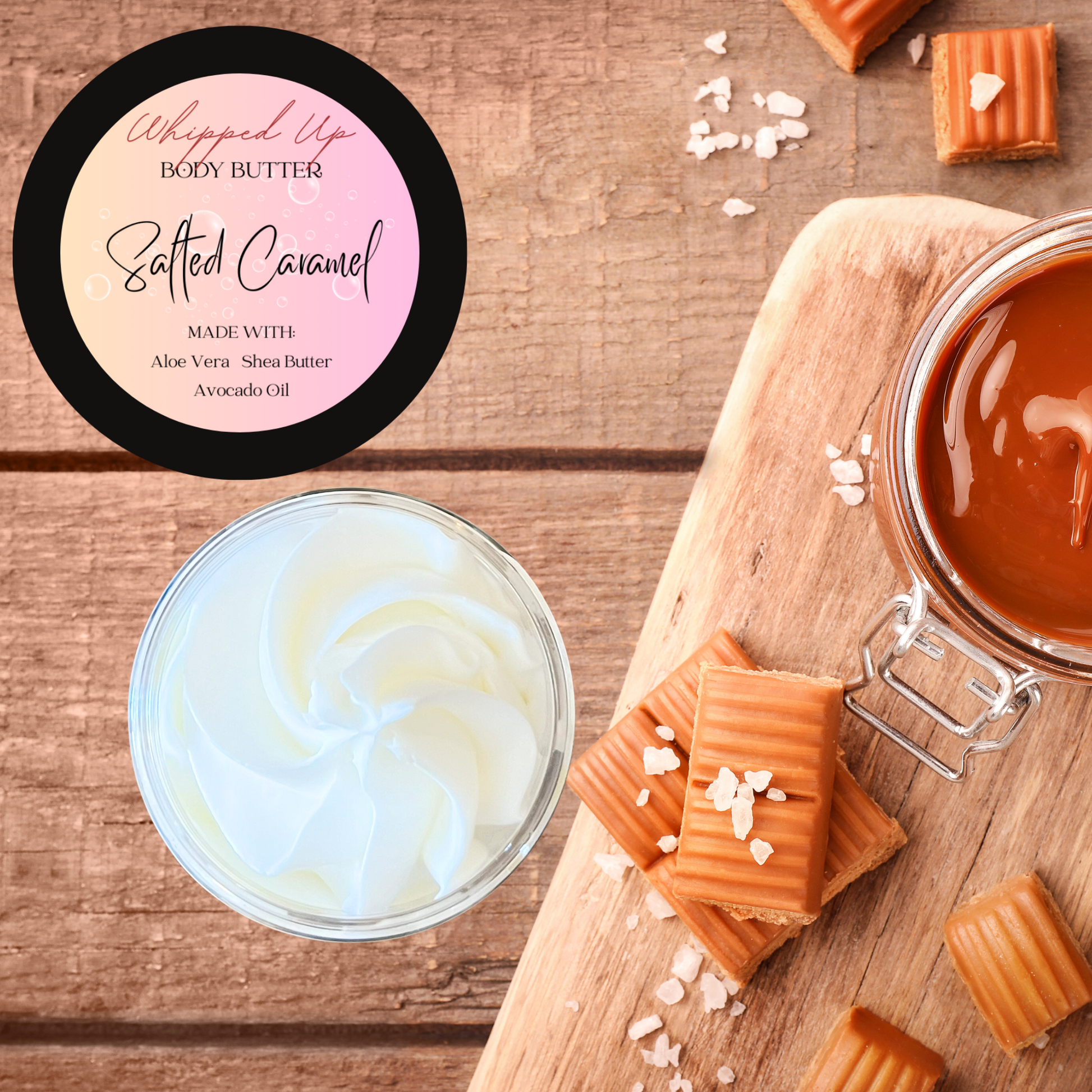 Salted Caramel body butter with caramel candies on a wooden surface
