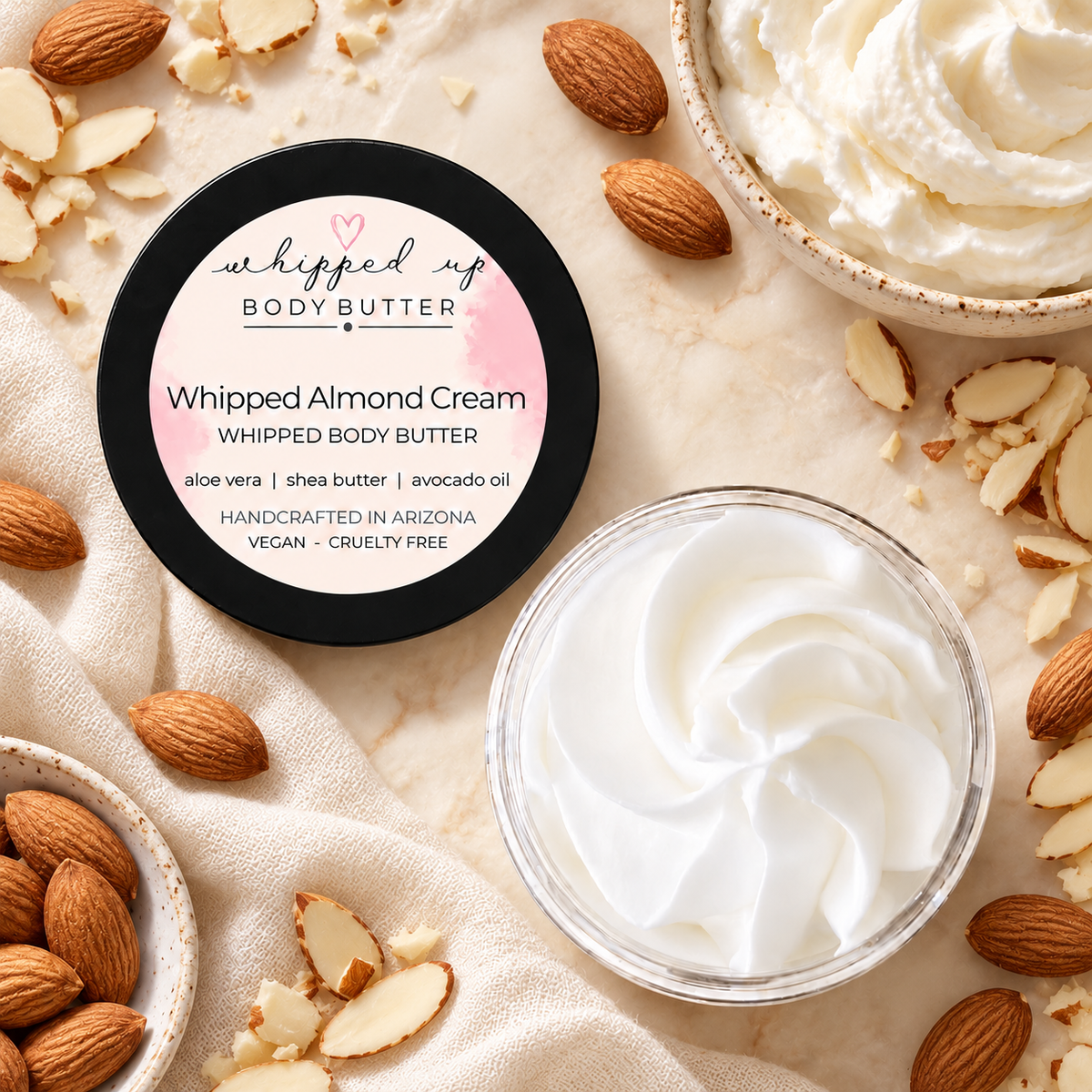 Creamy whipped almond body butter from My Store, showcasing smooth texture and rich almond scent in a jar.