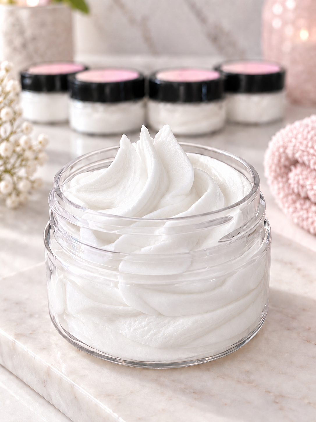 Set of four white whipped body butter minis from My Store, perfect for moisturizing skin and trying different scents.