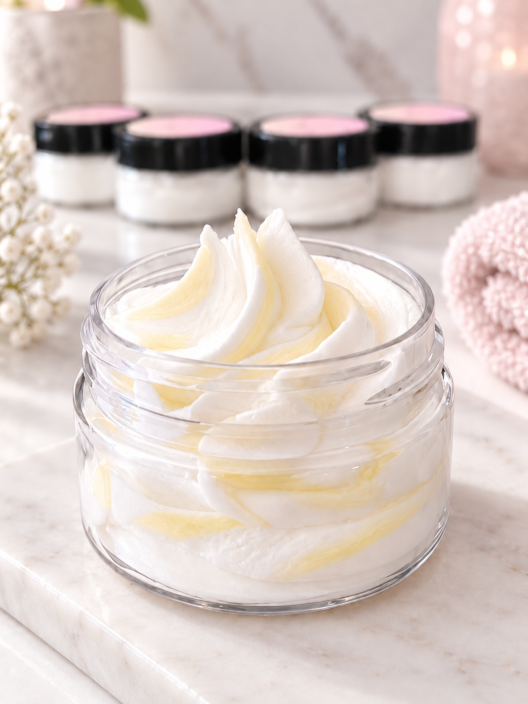 Set of four 1 oz mini whipped body butters from My Store's best sellers sampler, featuring vibrant yellow packaging.